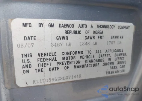 2008 Chevrolet Aveo Lt z USA, uszkodzony, nr VIN KL1TG56628B071449